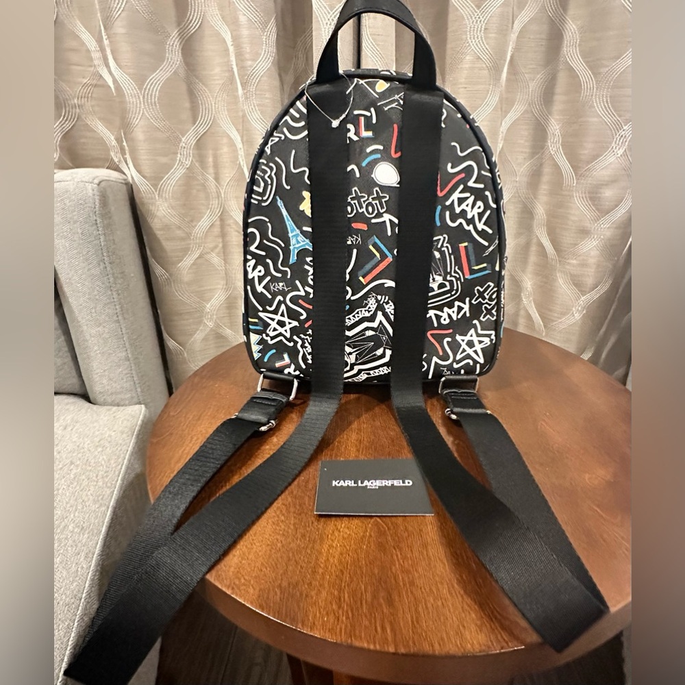 Karl Lagerfeld Paris Adele All Over Logo Full Size Backpack Black - NWOT - Picture 2 of 14
